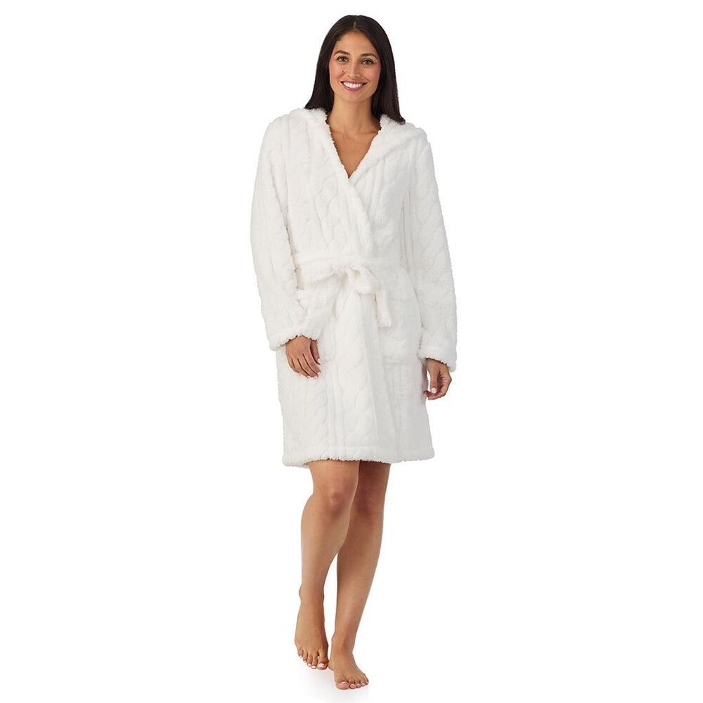 #962. Cuddl Duds Ivory Cable Jacquard Hooded Long-Sleeve Wrap Robe - Picture 2 of 5